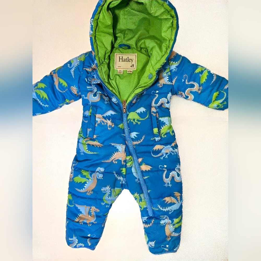 Hatley Green Snowsuit with Blue Dinosaurs